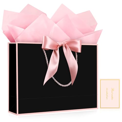 Image of JMANNI Gift Bags with Handles, 13 inch Medium Gift Bag for Presents, 1 Pcs Bags with 2 Tissue Paper and 1 Cards for Baby Shower Wedding Bridal Shower Mother's Day Birthday Party (black-pink