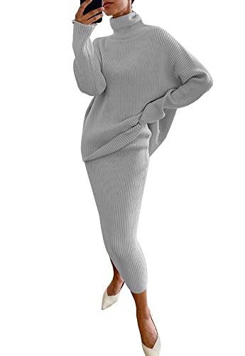 Image of chouyatou Women's Chunky 2 Piece Outfits Turtleneck Knit Sweater and Maxi Bodycon Skirt Sets