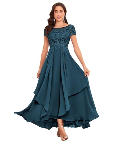Lace Mother of The Bride Dresses for Wedding Short Sleeve Ruffle Chiffon Formal Evening Gown