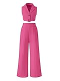 Verdusa Girl's 2 Piece Outfits Clothing Sets Button Front Crop Vest Blazer and Wide Leg Pants Hot Pink 11-12Y