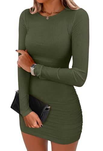VAFFUL Langarmshirt Damen Gerippt Kleid Sexy Langarm Minikleid Rundhalsausschnitt Elegante Bodycon Kleid Kurz Enges