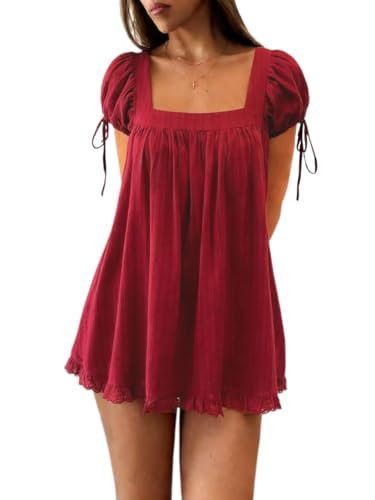Image of Women Puff Sleeve Babydoll Mini Dress Y2K Lace Trim Ruffle Flowy Dresses Summer Loose Swing Going Out Sundresses (Red, L)