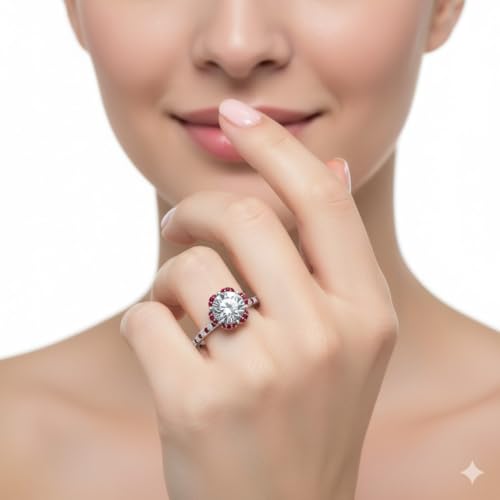 Image of 55Carat Choose Your Gemstone 6 Petal Ring Sterling Silver Round Shape Halo Engagement Rings Well Shaped for Any Gift Giving Occassion Modern Style Enchating Women US Size 4 to 12