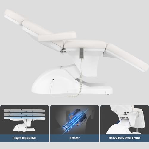 LUXMARS Electric Tattoo Chair Height Adjustable Facial Chair Electric Adjustable Angle Lash Bed with Hydraulic Stool Equipment Massage Chair with 3 Adjustable Electrical Motors- White