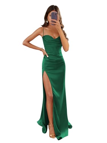 Image of Women's Mermaid Prom Dress with Slit Satin Bridesmaid Dresses Long Corset Evening Formal Party Gown