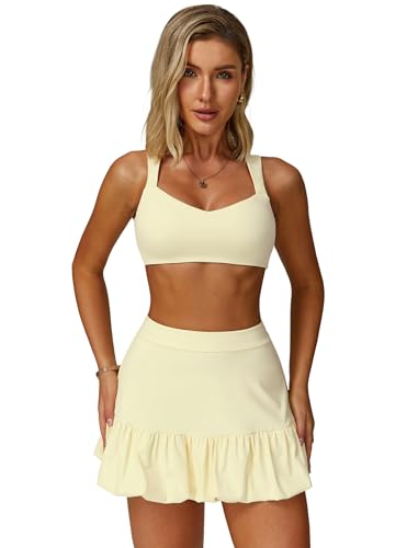 2 Peice Tennis Dress for Women Compression Sleeveless Cutout Sports Bra and Bubble Skirt Active Yoga Golf Outfits