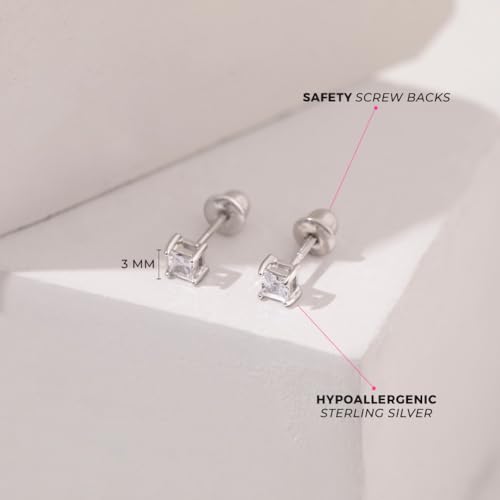 925 Sterling Silver Clear 3mm Square Princess Cut Cubic Zirconia Earrings with Safety Locking Screw Back for Babies, Toddlers and Young Kids4