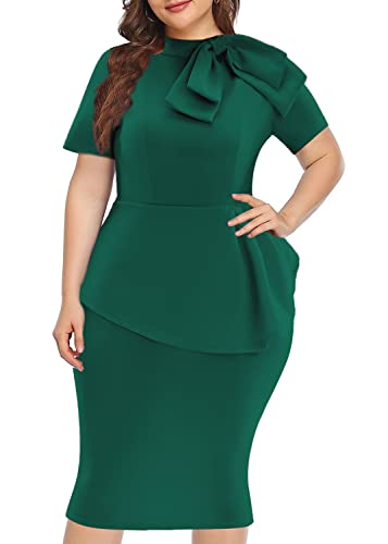 Image of WanMem Plus Size Dress for Curvy Women Semi Formal Cocktail Party Midi Dress Bodycon Short Sleeve Bow Ruffle Pencil Dresses