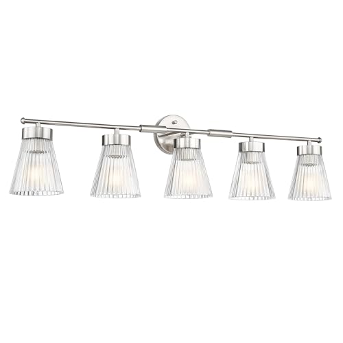 Image of Brushed Nickel Bathroom Vanity Light, HWH 5-Light Bathroom Light Fixtures Modern Wall Vanity Lamp for Bathroom Over Mirror, Clear Striped Glass Shade, 5HZG97B-5W BN