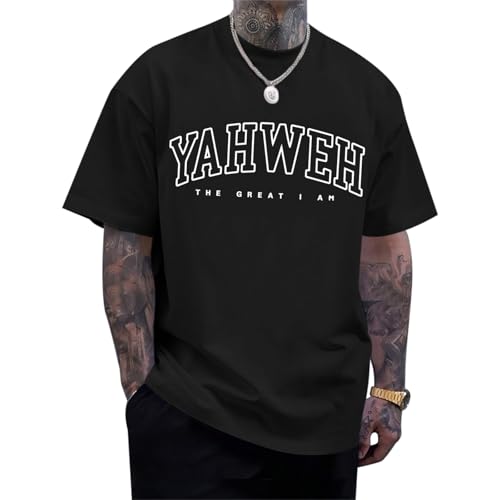 Wedsadl Christian Jesus Shirts for Men Religious God Yahweh Faith Shirt Bible Verse Vintage Oversized Graphic Tees Cotton Top(Black,L)