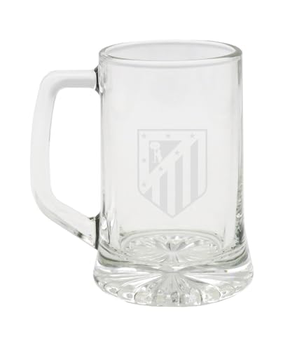 CYPBRANDS Atlético de Madrid, Jarra de Cerveza, Vidrio, Gran Capacidad 280 ml, Asa Cómoda, Apta para Lavavajillas y Microondas, Transparente