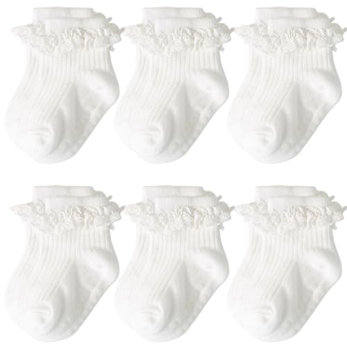 Image of AQOKKA Baby Girl Toddlers Socks with Non-slip Grip Cute Frilly Ruffle Ankle Soft Cotton Newborn Baby Socks for Infant Kids