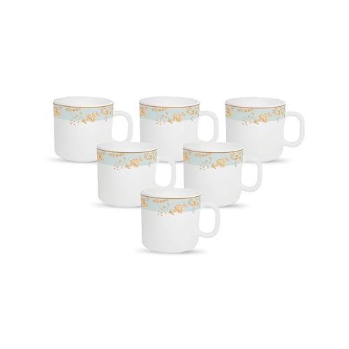 Image of La Opala Diva, Sovrana Collection Opal Glass Crockery | Coffee Mug Regular, Set of 6 | Medusa Gold, 190 ml | for Tea & Coffee | Microwave Safe | 100% Vegetarian | Extra Strong | Super Light & White