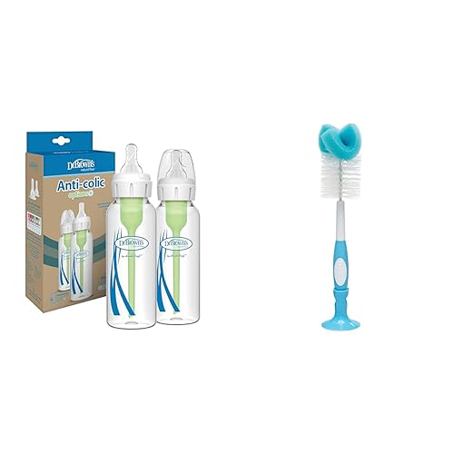 Image of Dr. Brown's Natural Flow Options+ Narrow Glass Baby Bottles, 8oz, 2-Pack and Dr. Brown's Reusable Sponge Baby Bottle Cleaning Brush with Suction Cup Stand, Scrubber and Nipple Cleaner, Blue 1-Pack Bundle