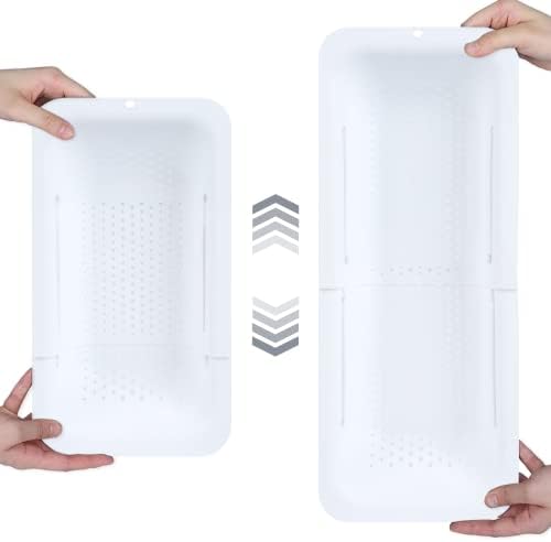 BLUE GINKGO Over the Sink Colander Strainer Basket - Wash Vegetables and Fruits, Drain Cooked Pasta and Dry Dishes - Extendable - New Home Kitchen Essentials (7.9 W x 14.5-19.5 L x 2.75 H) - White