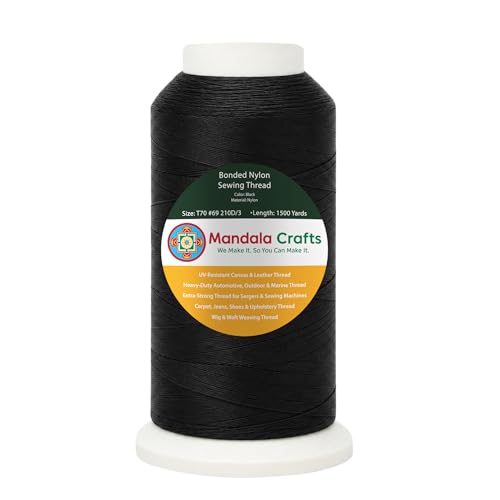 Mandala Crafts Size 69 210D T70 Bonded Nylon Thread - Black 1500 YDs Tex 70 Heavy Duty Sewing Threads for Leather Jeans Weaving Outdoor Marine Upholstery