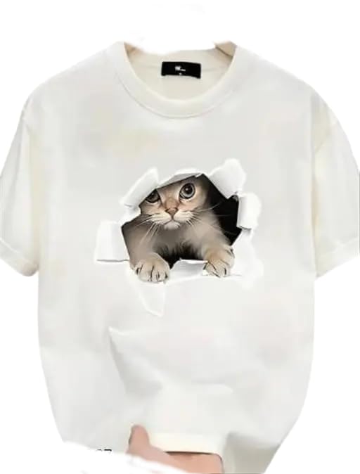 brave one Women's Cotton Blend Round Neck Half Sleeves Cool Cat 3D Printed Solid Oversized Tshirts-picture-50