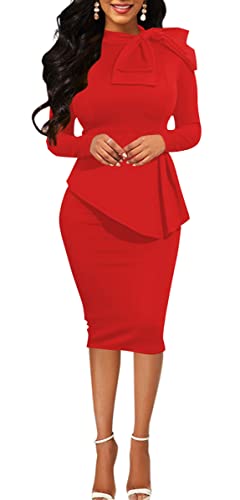 Image of Women's Fashion Peplum Bodycon Dresses Short Sleeve Bow Club Ruffle Pencil Party Dress