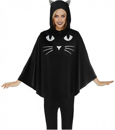 XXLOG Black cat costume for girls, Cute Halloween Poncho for Women Adult, Hooded Cloak for Cosplay Dress Party Gift, Cat Ears and Removable Tail, One Size, Classic Style