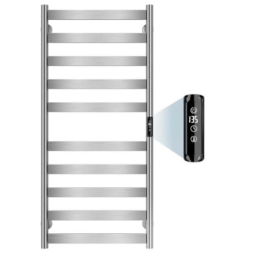 Electric Towel Warmer Rack, 10-Bar Stainless Steel Heated Tower Rack with Built-in Timer, Wall Mounted, Plug-in/Hardwired (Silver)