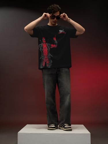 Image of The Souled Store Official Deadpool: Great Irresponsibility Men and Boys Oversized fit Graphic Half Sleeve Cotton Black Color Oversized T-Shirts