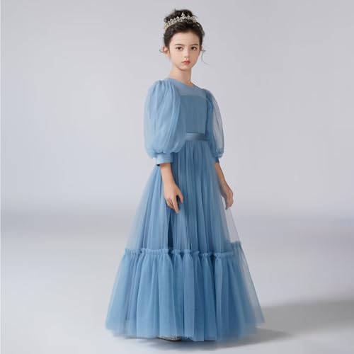 dideyttawl 3/4 Sleeves Puff Tulle All Lining Round Neck Long Flower Girl Dress for 4-16 Wedding Guest Dresses Ball Gown3