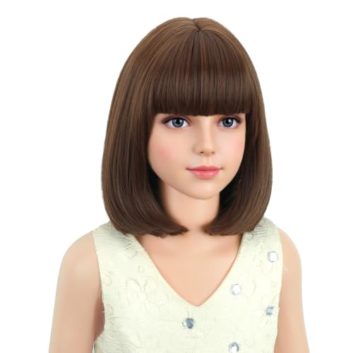 Image of PATTNIUM Kids Short Brown Bob Wig Child Girls Chocolate Brown Bob wig with Bangs Cosplay Party Synthetic Wig Rose Net Daily Wear Wig
