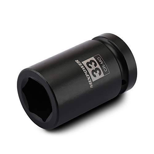 MIXPOWER 1 Inch Drive Deep Impact Socket CR-MO 33mm 6 Point Radius Corner Design Chamfered Opening Axle Nut Impact Grade Socket for Easy Removal