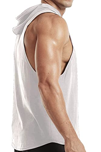 Men's Workout Bodybuilding Hoodies Tshirt Athletic Training Tank Tops Cotton Gym Hooded Top Cut Off Sleeveless Muscle T-Shirt White M #TOP2