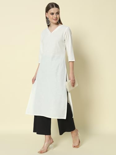 Image of FIORRA Womens Loose Mid Rise Cotton Solid Palazzo
