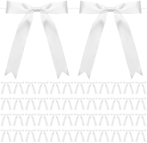 50 Pcs Twist Tie Bows 5x7 Inch Satin Ribbon Bows, Thin Ribbon Bow for Valentines Day Gift Wrapping Champagne Bottle Cake Decorations DIY Gift Wedding Baby Shower Birthday Party (White)