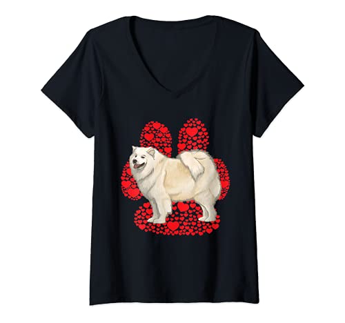 Womens Samoyed Valentines Day Dog Love Paw V-Neck T-Shirt, Black