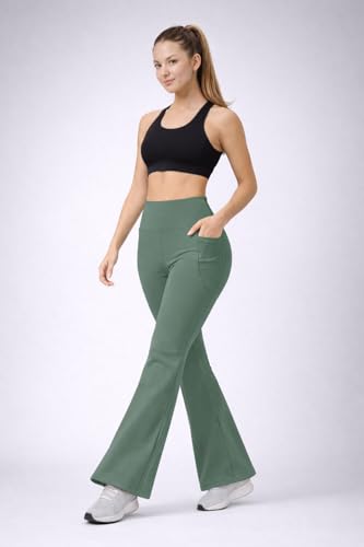 Image of Women's High Waist Bootcut Yoga Pants with Side Pockets | Flared Gym Leggings for Women | Stretchable Workout Bell Bottom Tights for Yoga, Gym, Running & Casual Wear Pack of 2