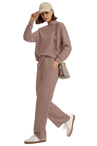 Image of WIHOLL Two Piece Sets for Women Fall Outfits Lounge Sets Mock Neck Tops Wide Leg Pants Vacation Travel Airport Outfits