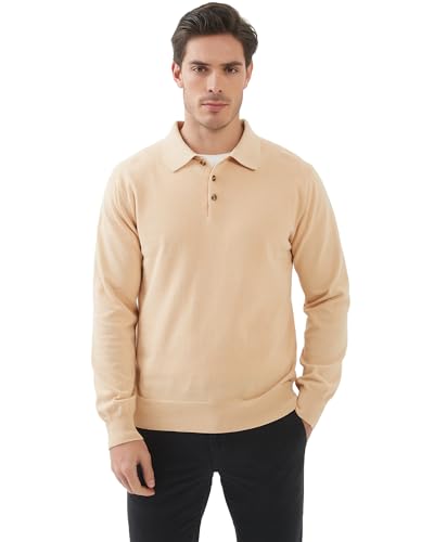 Image of Kallspin Mens 100% Cotton Polo Sweater Long Sleeve Button Down Knit Pullover Relaxed Fit Collared Casual Tops