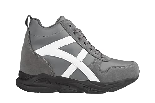 Image of CALTO Men's Invisible Height Increasing Elevator Shoes - Grey /White Lace-up High-Top Hiking Style Sneaker Boots - 3.6 Inches Taller - S22781 - Size 6 D(M) US