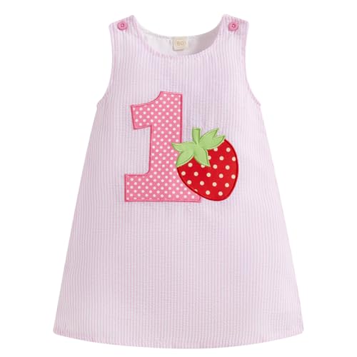 Baby Girls First Birthday Outfit 1st Birthday Cake Smash Dress Sleeveless Embroidery One Year Old Dress (Pink Strawberry, 12-18 Months)