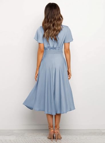 Image of miduo Womens Satin V Neck Ruffle Short Sleeve Tie Front High Waist Midi A-Line Maxi Dresses