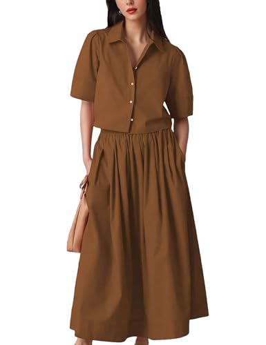 Image of Womens Summer 2 Piece Outfits Skirt Sets Button Short Sleeve Tops Elastic Waist Maxi Dress Sets with Pockets(0266-Brown-XL)