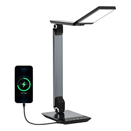 Moko Led Desk Lamp with USB Charging, Fast Charging for phone, 10W Folding Table Lamp with Touch Switch, Dimmable, Various Brightness Options, Eye-Caring, Angle Adjustable, 3/60 min Auto Timer - Metal
