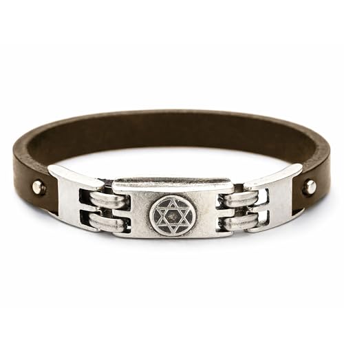 Alef Bet Jewelry Men's Brown Leather Star of David Bracelet - Adjustable Bar Mitzvah Gift for Boys - Genuine Leather Jewish Identity Bracelet - Silver-Plated Magen David