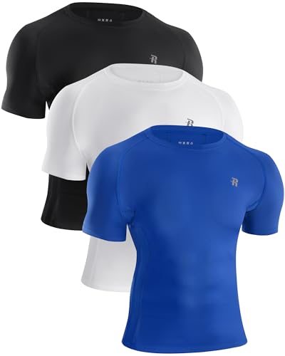 Runhit 3 Pack Men's Compression Shirts Short Sleeve Athletic Workout High Elastic T Shirt Cool Dry Sports Base Layer Undershirt Top for Gym Football Black/White/Royal Blue M