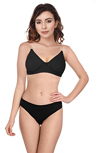 Image of Wirefree Non-Padded T-Shirt Bra Panty Set with Detachable Transparent Straps for Women /Girls.