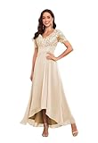 Kissey Prom Chiffon Champagne Mother of The Groom Dresses for Women Tea Length Lace Short Sleeve Formal Gown US14