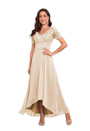 Kissey Prom Chiffon Champagne Mother of The Groom Dresses for Women Tea Length Lace Short Sleeve Formal Gown US14