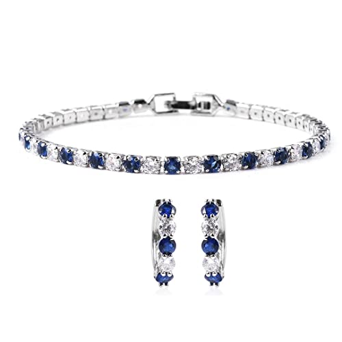Shop Lc Delivering Joy Blue Costume Jewelry Set Tennis Bracelet Hoop Earrings For Women Cubic Zirconia Created Sapphire Gifts Size 7" Birthday Gifts #TOP4