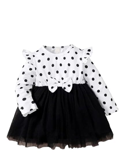 Image of OMLI Baby Floral Print Ruffle Trim Bow Front Mesh Hem Dress Round Neck Button Closure Mini Dress /Frock /OnePice /Party Dress for Baby Girls