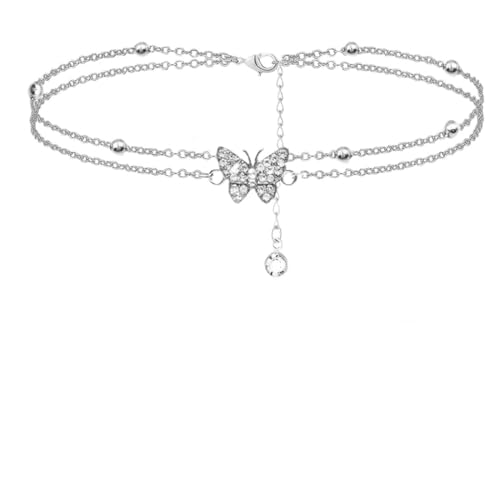 Fußkettchen für Frauen, silber 925, Schmetterling Layered Fußkette, Zierlich Geschichtet Wasserdicht Fußkettchen für Frauen einstellbar, verstellbare 22+4cm