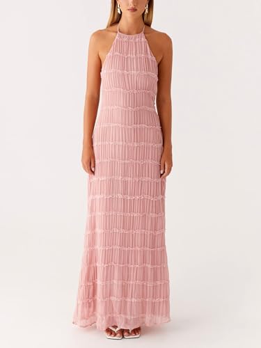 Image of Women Summer Halter Neck Maxi Dress Flowy Ruffle Tiered Sleeveless Sundress Boho Backless Spaghetti Strap Long Dress