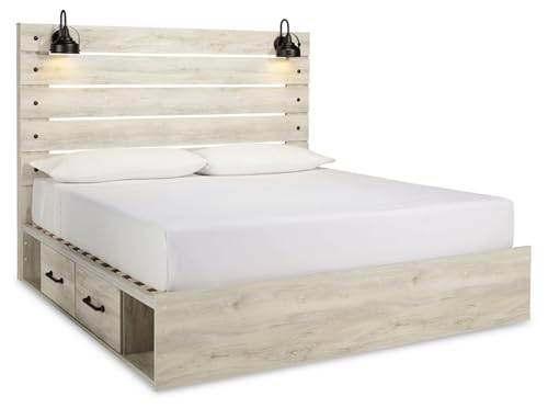 Image of Signature Design by Ashley Cambeck King Platform Bed with Storage Drawers, LED Sconce Lights and USB Ports, Engineered Wood and Decorative Laminate for Master Bedroom Organization, Whitewash, King
